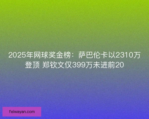 2025年网球奖金榜：萨巴伦卡以2310万登顶 郑钦文仅399万未进前20